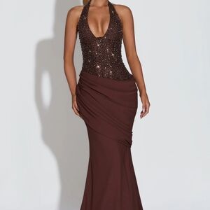 Baby Boo. Taylor Plum Brown Halter Sequin Bodice Evening Gown